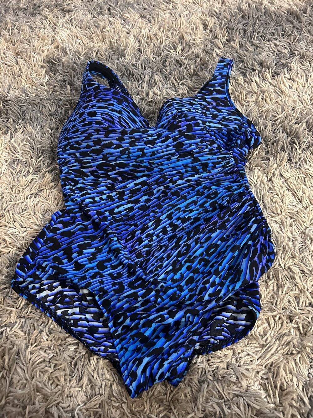 Miraclesuit It's A Wrap One Piece Swimsuit 16 Blue Black Tummy Control Slimming